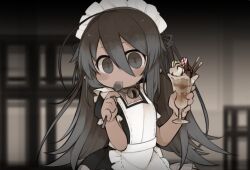 Rule 34 | 1girl, ahoge, alternate costume, apron, bell, black dress, blurry, blush, chocolate, closed mouth, collar, commentary request, cup, dark-skinned female, dark skin, dress, enmaided, frilled apron, frilled sleeves, frills, grey eyes, grey hair, grey ribbon, hair between eyes, hands up, holding, holding cup, holding spoon, jingle bell, kisaragi kaya, long hair, looking at viewer, looking to the side, maid, maid headdress, neck bell, original, parfait, puffy short sleeves, puffy sleeves, short sleeves, slit pupils, solo, spoon, utensil in mouth, white apron, yste