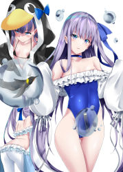 Rule 34 | 1girl, animal costume, animal hood, ass, bare shoulders, bird, blue one-piece swimsuit, blue ribbon, breasts, butt crack, choker, fate/grand order, fate (series), frilled swimsuit, frills, hair ribbon, highleg, highleg swimsuit, hood, long hair, looking at viewer, meltryllis, meltryllis (fate), meltryllis (swimsuit lancer) (fate), meltryllis (swimsuit lancer) (first ascension) (fate), meltryllis (swimsuit lancer) (second ascension) (fate), meltryllis (swimsuit lancer) (third ascension) (fate), multiple views, one-piece swimsuit, penguin, penguin costume, penguin hood, purple hair, ribbon, shirosuzu, sleeves past fingers, sleeves past wrists, small breasts, swimsuit