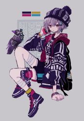 Rule 34 | 1girl, androgynous, azsn10, bird, black bird, black footwear, black hat, black shorts, bracelet, cellphone, color guide, drawstring, earrings, full body, grey background, hair between eyes, hair ornament, hat, highres, holding, holding phone, hood, hood down, invisible chair, jewelry, knees up, long sleeves, looking at viewer, original, phone, purple hair, red eyes, shoes, short hair, shorts, simple background, sitting, solo, watch