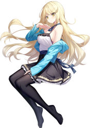 Rule 34 | 1girl, black skirt, blonde hair, camisole, closed mouth, commentary request, full body, highres, long hair, looking at viewer, pantyhose, ririko (zhuoyandesailaer), simple background, sitting, skirt, solo, v-shaped eyebrows, very long hair, white background, white camisole, yellow eyes