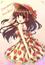 Rule 34 | 1girl, bad id, bad pixiv id, brown hair, covering privates, covering ass, dress, english text, flower, food print, hair flower, hair ornament, hand on headwear, hat, long hair, original, ousaka ritoru, red eyes, smile, solo, strawberry print, sun hat, sundress