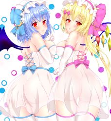 Rule 34 | 2girls, :o, ass, blonde hair, blue hair, blush, bow, breasts, dress, elbow gloves, flandre scarlet, from behind, gloves, hair bow, hat, highres, kurenai (anohitop), mob cap, multiple girls, no panties, pink bow, remilia scarlet, see-through, smile, thighhighs, touhou, white gloves, white headwear, white legwear, wings