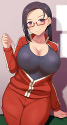 Rule 34 | 1girl, black hair, black one-piece swimsuit, blush, breasts, cleavage, collarbone, competition swimsuit, cowboy shot, demi-chan wa kataritai, female focus, forehead, glasses, hand up, highres, jacket, large breasts, long hair, long sleeves, looking at viewer, nipples, nt00, one-piece swimsuit, open clothes, open jacket, pants, partially unzipped, ponytail, purple eyes, red-framed eyewear, red jacket, red pants, satou sakie, see-through, semi-rimless eyewear, solo, swimsuit, swimsuit under clothes, track jacket, track pants, under-rim eyewear