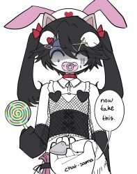 Rule 34 | 1boy, animal ears, belt collar, black corset, black gloves, black hair, butt plug, candy, cat ears, closed eyes, collar, colored skin, corset, crossdressing, disembodied limb, fake animal ears, feminization, food, funamusea, funamusea (style), gloves, hair ornament, hair ribbon, hairclip, hat, heart, heart hair ornament, highres, holding, holding candy, holding food, holding lollipop, humiliation, ice scream, idate (funamusea), lollipop, multicolored hair, nurse cap, pacifier, parody, pink collar, pov, rabbit ears, red ribbon, ribbon, sex toy, shaded face, simple background, style parody, trap, twintails, two-tone hair, white background, white hair, white skin, x hair ornament, yumeijenny