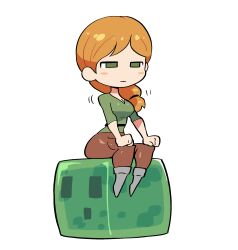 Rule 34 | 1girl, alex (minecraft), blush stickers, boots, brown pants, dildo reveal, green eyes, green shirt, highres, implied penetration, long hair, minecraft, narrowed eyes, orange hair, pants, rariatto (ganguri), shirt, simple background, sitting, slime (minecraft), solo, unamused, white background