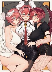 Rule 34 | 3girls, absurdres, blue eyes, blush, breast zipper, breasts, choker, glasses, hair between eyes, hair wings, hairband, head wings, high-waist shorts, highres, hololive, large breasts, long sleeves, multicolored hair, multiple girls, nail polish, necktie, open mouth, pantyhose, pink hair, red necktie, shirt, short hair, shorts, smile, takane lui, takane lui (1st costume), torn clothes, varniskarnis, virtual youtuber, white shirt, wings