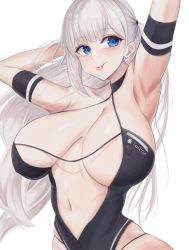 Rule 34 | 1girl, absurdres, armband, armpits, azur lane, blue eyes, breasts, breasts apart, cowboy shot, criss-cross halter, dress, halter dress, halterneck, highres, large breasts, long hair, mole, mole under eye, navel, race queen, sagging breasts, screw (artist), shoukaku (azur lane), shoukaku (sororal wings) (azur lane), skindentation, tongue, tongue out, white background, white hair