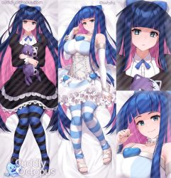 Rule 34 | 1girl, blue neckwear, blunt bangs, breasts, colored inner hair, cuddly octopus, dakimakura (medium), highres, iwbitu, large breasts, long hair, multicolored hair, multiple views, neck ribbon, panty &amp; stocking with garterbelt, ribbon, sample watermark, sandals, stocking (psg), striped clothes, striped thighhighs, stuffed animal, stuffed toy, thighhighs, very long hair, watermark