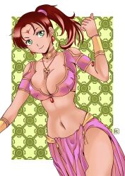 Rule 34 | 1girl, arabian clothes, artist name, belly dancer, breasts, brown hair, character request, cleavage, curvy, highres, jewelry, large breasts, legs, midriff, navel, necklace, ponytail, smile, solo, thighs