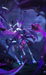 Rule 34 | 05 yao qi, 1girl, absurdres, animal, bare shoulders, centaur, flower, hair flower, hair ornament, highres, holding, league of legends, lillia (league of legends), long hair, looking at viewer, night, outdoors, smile, solo, spirit blossom (league of legends), spirit blossom lillia, staff, taur, wolf