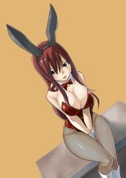 Rule 34 | 1girl, animal ears, bare shoulders, between legs, between thighs, blush, boots, bow, bowtie, breasts, brown background, brown eyes, cleavage, collarbone, curvy, detached collar, erza scarlet, fairy tail, fake animal ears, female focus, highleg, highleg leotard, huge breasts, large breasts, leotard, lips, long hair, looking at viewer, mashima hiro, official art, pantyhose, playboy bunny, rabbit ears, red eyes, red hair, shiny clothes, sitting, smile, solo, v arms, wide hips, wrist cuffs