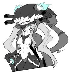 Rule 34 | 10s, 1girl, abyssal ship, alternate breast size, aqua eyes, bodysuit, cane, cannon, cape, colored skin, covered mouth, gloves, kantai collection, kimyouna juju, monochrome, navel, short hair, sidelocks, solo, teeth, tentacles, white skin, wide hips, wo-class aircraft carrier