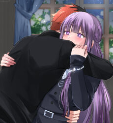 Rule 34 | 1boy, 1girl, belt, black hair, black shirt, blurry, blush, bracelet, chiroru shimai, covered mouth, curtains, depth of field, dress, fern (sousou no frieren), glint, grey dress, half updo, hand on another&#039;s arm, hand on another&#039;s back, hand on another&#039;s waist, hetero, highres, hug, indoors, jewelry, leaning back, leaning forward, leaning on person, long hair, long sleeves, multicolored hair, purple eyes, purple hair, red hair, shirt, short hair, snowing, sousou no frieren, stark (sousou no frieren), straight hair, streaked hair, twitter username, upper body, window