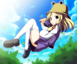 Rule 34 | 1girl, ass, blonde hair, eating, female focus, floating, food, forest, fruit, grapes, hat, holding, holding food, holding fruit, moriya suwako, nature, panties, purple eyes, solo, thighhighs, touhou, underwear, white thighhighs, yuzuki kei