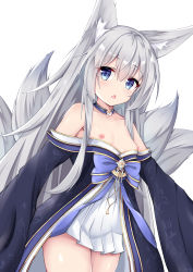 Rule 34 | 1girl, :o, absurdres, aged down, animal ear fluff, animal ears, azur lane, bare shoulders, blue choker, blue eyes, blush, bow, breasts, breasts out, choker, collarbone, cowboy shot, fang, fox ears, fox girl, fox tail, highres, japanese clothes, long hair, long sleeves, nagato-chan, nipples, off shoulder, open mouth, purple bow, shinano (azur lane), sidelocks, silver hair, simple background, skin fang, small breasts, solo, straight hair, tail, thighs, very long hair, white background, wide sleeves