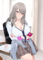 Rule 34 | 1girl, bag, blue necktie, breasts, brown skirt, cellphone, cleavage, clothes around waist, collared shirt, commentary, curtains, desk, english commentary, grey eyes, grey hair, gyaru, holding, holding phone, indoors, jjanda, kogal, large breasts, leaning back, long hair, loose necktie, nail polish, necktie, original, phone, pink nails, pink scrunchie, plaid, plaid skirt, school bag, school desk, school uniform, scrunchie, shirt, skirt, sleeves rolled up, smartphone, smile, solo, striped necktie, sweater, sweater around waist, white shirt, window, wrist scrunchie