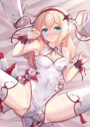 Rule 34 | 1boy, 1girl, alternate costume, azur lane, bed sheet, blonde hair, blue eyes, blush, breasts, china dress, chinese clothes, cleavage, cleavage cutout, clothing cutout, commander (azur lane), commentary request, cosplay, covered navel, dress, flower, hairband, highres, hiyada yuu, leander (azur lane), long hair, looking at viewer, medium breasts, no panties, red hairband, rose, spread legs, thighhighs, thighs, unicorn (the gift of spring) (azur lane), unicorn (spring&#039;s present) (azur lane) (cosplay), white dress, white flower, white rose, white thighhighs, wrist cuffs