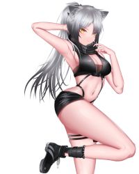 Rule 34 | 1girl, absurdres, animal ears, arknights, arm up, armpits, bare arms, bare legs, bare shoulders, black footwear, black scarf, black shorts, breasts, cat ears, cleavage, commentary, crop top, highres, kafu (kafu6416), large breasts, long hair, looking at viewer, midriff, navel, ponytail, scarf, schwarz (arknights), shoes, short shorts, shorts, silver hair, simple background, smile, solo, standing, standing on one leg, stomach, thigh strap, thighs, very long hair, white background, yellow eyes