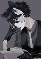 Rule 34 | 1boy, adjusting eyewear, animal ears, bespectacled, black gloves, black hair, black vest, collared shirt, glasses, gloves, grey background, grey shirt, hair between eyes, highres, holding, holding paper, holostars, jackal boy, jackal ears, kageyama shien, male focus, momiage 40, multicolored hair, necktie, paper, parted lips, reading, shirt, short hair, simple background, solo, two-tone hair, upper body, vest, virtual youtuber, white hair, white necktie, yellow eyes