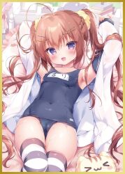 Rule 34 | 1girl, :d, armpits, arms up, bed, blue one-piece swimsuit, blue sailor collar, braid, breasts, brown hair, cameltoe, cat hair ornament, cleft of venus, collarbone, covered navel, fang, feet out of frame, frilled pillow, frills, hair ornament, hair scrunchie, hairclip, indoors, long hair, long sleeves, looking at viewer, melonbooks, old school swimsuit, one-piece swimsuit, open clothes, open mouth, open shirt, original, pillow, pinching sleeves, piyodera mucha, purple eyes, sailor collar, school swimsuit, scrunchie, shirt, sleeves past wrists, small breasts, smile, solo, striped clothes, striped thighhighs, swimsuit, thighhighs, twintails, very long hair, white shirt, yellow scrunchie