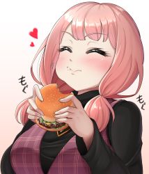 1girl, :i, ^ ^, absurdres, bang dream!, bangs, black sweater, blunt bangs, blush, breasts, carmen (user fyvs3542), check commentary, closed eyes, closed mouth, commentary request, dress, eating, eyebrows visible through hair, eyes closed, food, food on face, foodgasm, gradient, gradient background, hamburger, heart, highres, holding, holding food, jewelry, large breasts, long sleeves, low twintails, necklace, pink background, pink hair, plaid, plaid dress, purple dress, sidelocks, smile, solo, sweater, taut sweater, twintails, uehara himari, upper body