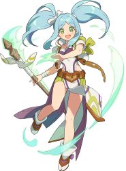 Rule 34 | 1girl, armband, artist request, aura, bandaged wrist, bandages, belt, blue hair, blush, boots, breasts, collarbone, covered navel, cropped jacket, dress, fang, female focus, full body, green eyes, green shorts, hair ribbon, hand up, happy, head tilt, highres, holding, holding staff, jacket, leg up, long hair, looking at viewer, makani (world flipper), non-web source, official art, open clothes, open jacket, open mouth, parted bangs, pelvic curtain, ribbon, shiny skin, short shorts, short sleeves, shorts, sidelocks, simple background, small breasts, smile, solo, staff, standing, standing on one leg, transparent background, twintails, white dress, white footwear, white jacket, white ribbon, wide-eyed, world flipper