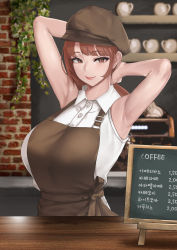 Rule 34 | 1girl, absurdres, apron, armpits, arms behind head, bad id, bad pixiv id, barista, blunt bangs, breasts, brick wall, brown apron, brown eyes, brown hair, cafe, collared shirt, counter, cup, dress shirt, employee uniform, fle en, highres, korean commentary, large breasts, menu, menu board, original, pink lips, plant, restaurant, shirt, sleeveless, sleeveless shirt, smile, standing, uniform, white shirt