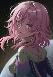 Rule 34 | 1girl, absurdres, black choker, blue eyes, breasts, choker, commentary request, crying, crying with eyes open, from behind, hair between eyes, highres, honkai: star rail, honkai (series), looking at viewer, manunnu, march 7th (honkai: star rail), medium breasts, medium hair, pink eyes, pink hair, planet, shirt, signature, solo, tears, two-tone eyes, upper body, white shirt