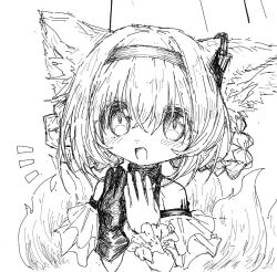Rule 34 | 1girl, animal ears, arknights, bare shoulders, blush, braid, braided hair rings, earpiece, fox ears, fox girl, fox tail, frilled sleeves, frills, gloves, hair rings, hairband, kitsune, kyuubi, looking at viewer, material growth, monochrome, multiple tails, notice lines, open mouth, oripathy lesion (arknights), reitoubeef, short sleeves, single glove, single wrist cuff, solo, suzuran (arknights), tail, twin braids, upper body, wrist cuffs