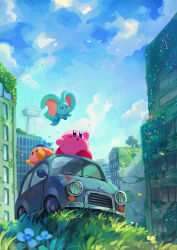 Rule 34 | :o, absurdres, arm up, artist name, bandana, bandana waddle dee, bird, blue bandana, blue eyes, blue sky, blush, blush stickers, brown eyes, building, car, city, cloud, cloudy sky, commentary request, day, elfilin, flock, flower, flying, grass, highres, kirby, kirby (series), kirby and the forgotten land, looking up, motor vehicle, nintendo, no humans, notched ear, on vehicle, open mouth, outdoors, overgrown, plant, post-apocalypse, scenery, sitting, sky, skyscraper, standing, star (symbol), suyasuyabi, tower, tree, twitter username, ufo, ufo (kirby), vines, white flower, yellow flower