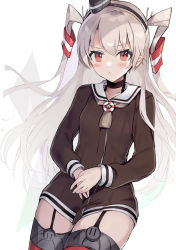Rule 34 | 1girl, :&lt;, amatsukaze (kancolle), blush, brown dress, closed eyes, dress, garter straps, grey hair, grey neckwear, hair tubes, kantai collection, long hair, long sleeves, own hands together, picoli1313, red eyes, red thighhighs, sailor collar, sailor dress, simple background, solo, thighhighs, two side up, white background