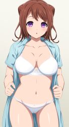 Rule 34 | 1girl, :o, absurdres, bang dream!, blue dress, blush, bow, bow bra, bow panties, bra, breasts, breasts apart, brown hair, cameltoe, collarbone, collared dress, commentary request, cone hair bun, cowboy shot, double bun, dress, gluteal fold, gradient background, grey background, groin, hair bun, hair ornament, hands up, highres, large breasts, looking at viewer, medium hair, navel, noshimurin, open clothes, open dress, panties, parted lips, purple eyes, short sleeves, solo, standing, star (symbol), star hair ornament, stomach, toyama kasumi, underwear, undressing, white bow, white bra, white panties