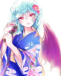 Rule 34 | 1girl, alternate costume, bat wings, blue hair, camellia, egasumi, eyebrows, eyelashes, floral print, flower, hair between eyes, hair flower, hair ornament, highres, holding, holding microphone, japanese clothes, kimono, looking at viewer, microphone, nail polish, obi, parted lips, pink lips, red eyes, red nails, remilia scarlet, rosette (roze-ko), sash, simple background, slit pupils, solo, touhou, upper body, wavy hair, white background, wings