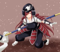 Rule 34 | 1girl, breasts, erza scarlet, fairy tail, helmet, large breasts, long hair, one eye covered, polearm, red hair, samurai, solo, spear, squatting, weapon, zzzjjack