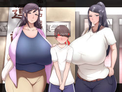 Rule 34 | 1boy, 2girls, age difference, bag, belt, black hair, blue shirt, breasts, brown hair, child, cowboy shot, curvy, door, embarrassed, eyelashes, faceless, faceless male, gigantic breasts, hand on own hip, handbag, headband, hidden eyes, high ponytail, highres, huge breasts, ichika (kniw1), indoors, japanese text, long hair, looking at viewer, multiple girls, original, pants, ponytail, purple eyes, purple hair, shiny clothes, shiny skin, shirt, short hair, short sleeves, sidelocks, size difference, standing, taut clothes, taut shirt, thick thighs, thighs, white shirt, wide hips