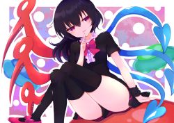 Rule 34 | arrow (symbol), asymmetrical wings, black dress, black hair, black sleeves, black thighhighs, border, bow, bowtie, buttons, crossed legs, dress, footwear bow, frills, hair between eyes, hand up, highres, houjuu nue, looking to the side, medium hair, multicolored background, open mouth, pink background, pink bow, pink eyes, pink footwear, pointing, purple background, red bow, red bowtie, shoes, short sleeves, sitting, smile, solo, thighhighs, tomoe (fdhs5855), touhou, ufo, white border, wings, wristband