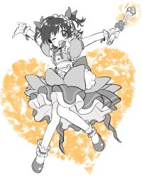 Rule 34 | 1girl, akagi miria, amezawa koma, ankle cuffs, arms up, blush, dress, frilled hairband, frills, full body, greyscale with colored background, hair ribbon, hairband, heart, holding, holding wand, idolmaster, idolmaster cinderella girls, looking at viewer, magical girl, one eye closed, open mouth, puffy short sleeves, puffy sleeves, ribbon, short hair, short sleeves, sketch, smile, solo, two side up, wand, wrist cuffs