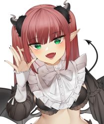 Rule 34 | 1girl, black nails, blunt bangs, blush, breasts, cosplay, demon girl, demon horns, demon tail, demon wings, fake horns, fake tail, fake wings, fangs, fingernails, frills, from below, hand up, hands up, horns, kitagawa marin, light blush, lips, long fingernails, long hair, long pointy ears, long sleeves, looking at viewer, lower teeth only, mooouluren, nail polish, open hand, open mouth, pointy ears, pov, puffy sleeves, red hair, rizu-kyun, sidelocks, simple background, smile, solo, sono bisque doll wa koi wo suru, tail, teeth, tongue, two side up, upper body, white background, wings