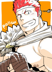 Rule 34 | 1boy, ancient greek clothes, bara, blush, cape, character name, greco-roman clothes, green eyes, hair ornament, jewelry, large pectorals, male focus, muscular, nipples, pale skin, pectorals, pollux (housamo), red hair, simple background, solo, sugo6969, tokyo houkago summoners, upper body