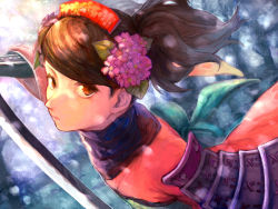 Rule 34 | 1girl, armor, brown eyes, brown hair, closed mouth, comb, flower, hair flower, hair ornament, hatching (texture), holding, holding sword, holding weapon, japanese armor, katana, long hair, looking at viewer, momohime, mossan351, oboro muramasa, painterly, pauldrons, pink flower, shoulder armor, single pauldron, sode, solo, sword, upper body, vambraces, weapon