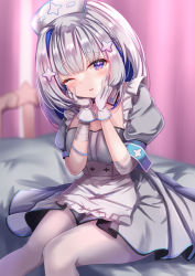 Rule 34 | 1girl, amane kanata, amane kanata (nurse), apron, armband, bandaged arm, bandages, blue eyes, blue hair, blush, detached collar, dress, frilled apron, frills, gloves, grey dress, grey hair, hair ornament, hands on own cheeks, hands on own face, hands up, highres, hololive, long hair, looking at viewer, maid headdress, multicolored hair, pantyhose, parted lips, pink hair, puffy short sleeves, puffy sleeves, short sleeves, smile, solo, streaked hair, virtual youtuber, white apron, white gloves, white pantyhose, x hair ornament, yuano