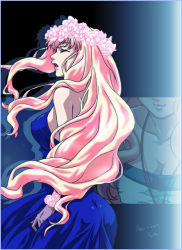 Rule 34 | 00s, 1girl, ass, back, bare shoulders, blonde hair, bracelet, breasts, cleavage, closed eyes, covered erect nipples, dress, female focus, flower, formal, hair flower, hair ornament, head out of frame, iyou, jewelry, large breasts, lipstick, long hair, macross, macross frontier, makeup, necklace, open mouth, profile, shadow, sheryl nome, signature, smile, solo, standing, very long hair, wavy hair, yukkyun