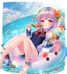 Rule 34 | 1girl, :t, absurdres, anchor symbol, ankle strap, barefoot, blue one-piece swimsuit, blush, chewing, closed mouth, flower, food, gemini seed, hair flower, hair ornament, hat, highres, ice cream, ice cream cone, innertube, light rays, looking at viewer, ocean, one-piece swimsuit, piyoyanagi, popsicle, purple hair, red eyes, sailor hat, school swimsuit, short hair, solo, summer, sunbeam, sunlight, swim ring, swimsuit, triple scoop, two side up, watermelon bar