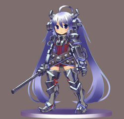 Rule 34 | 1girl, ahoge, armor, armored boots, armored dress, belt, blush, boots, brown background, buckle, chan co, dress, fantasy, full body, gauntlets, gun, holding, holding weapon, looking at viewer, original, pixiv fantasia, purple eyes, red dress, rifle, shoulder pads, silver hair, simple background, solo, standing, thigh boots, thighhighs, weapon