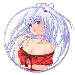 Rule 34 | 1girl, aka ringo, azuma shoujuan, bare shoulders, blue eyes, breasts, choker, circle, cleavage, female focus, hand to own mouth, light smile, long hair, mystic square, shinki (touhou), side ponytail, silver hair, solo, touhou, touhou (pc-98), undressing, upper body
