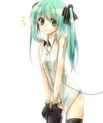 Rule 34 | 1girl, adjusting clothes, adjusting legwear, bare shoulders, black thighhighs, blush, gloves, green eyes, green hair, hatsune miku, looking at viewer, matching hair/eyes, no pants, ojigi, panties, simple background, solo, striped clothes, striped panties, thighhighs, twintails, underwear, vocaloid, white background