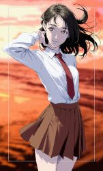 Rule 34 | 1girl, black hair, breasts, brown eyes, brown skirt, collared shirt, cowboy shot, floating hair, highres, ishihama masashi, looking to the side, medium hair, necktie, original, outdoors, parted lips, pleated skirt, red necktie, shirt, skirt, sky, small breasts, smile, solo, twilight, white shirt, wind