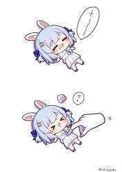 Rule 34 | &gt; &lt;, 0725akaba, 1girl, :d, absurdres, animal ear fluff, animal ears, blue hair, blue ribbon, blush, closed eyes, collared shirt, commentary request, crazy hand, crossover, disembodied hand, food, food on face, hair ribbon, highres, hololive, lying, nintendo, on back, open mouth, pleated skirt, puffy short sleeves, puffy sleeves, rabbit ears, rabbit girl, rabbit tail, ribbon, shirt, short sleeves, simple background, skirt, smile, super smash bros., tail, translation request, twitter username, two side up, usada pekora, usada pekora (casual), virtual youtuber, white background, white shirt, white skirt, xd