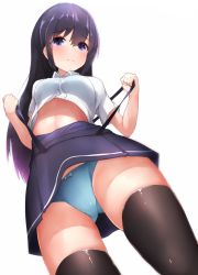 Rule 34 | 10s, 1girl, asashio (kancolle), black hair, black thighhighs, blue eyes, blue panties, blush, boruhis, bow, bow panties, breasts, eyebrows, from below, kantai collection, long hair, looking at viewer, looking down, navel, panties, pantyshot, pleated skirt, school uniform, shirt, short sleeves, skirt, small breasts, solo, standing, suspenders, thighhighs, underwear, upshirt, upskirt, white background, white shirt
