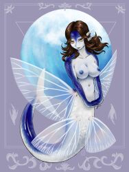 Rule 34 | 1girl, absurdres, blue scales, blue skin, breasts, brown hair, colored skin, commentary, completely nude, english commentary, fancyrook, fins, floating hair, full body, head fins, highres, large breasts, long hair, looking at viewer, mermaid, monster girl, nipples, nude, open mouth, original, purple background, solo, yellow eyes